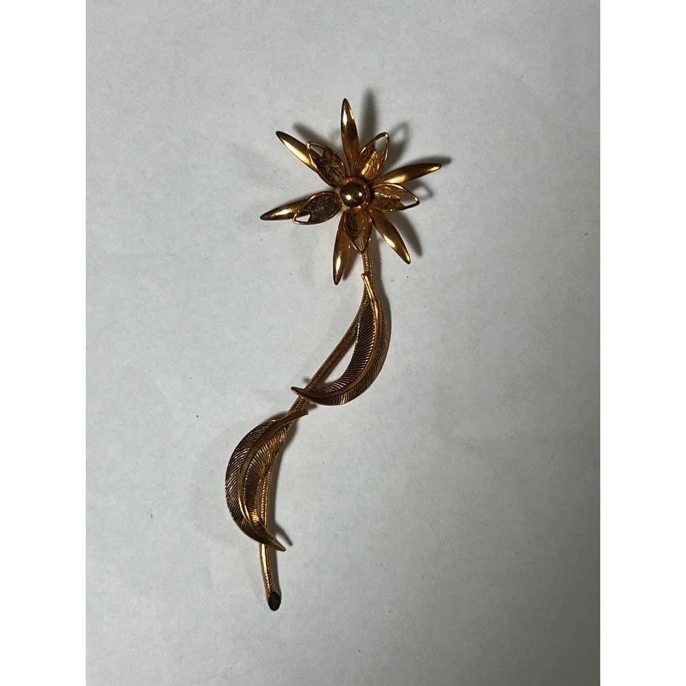 Vintage Gold Tone Long Stem‎ Flower Brooch Textured Leaf Floral Pin 4.5 Inch